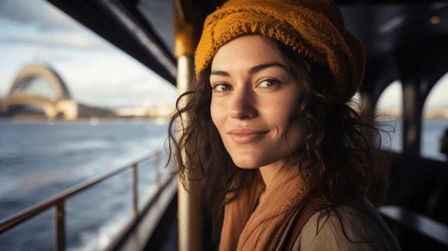 Young woman with curly hair on a ferry, wearing a yellow hat, with a famous bridge in the background, enjoying a scenic view.