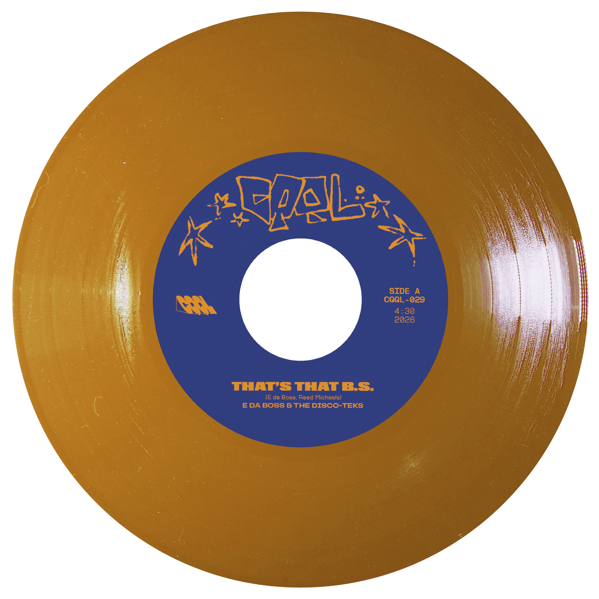 Mustard color vinyl record with blue label on a white background