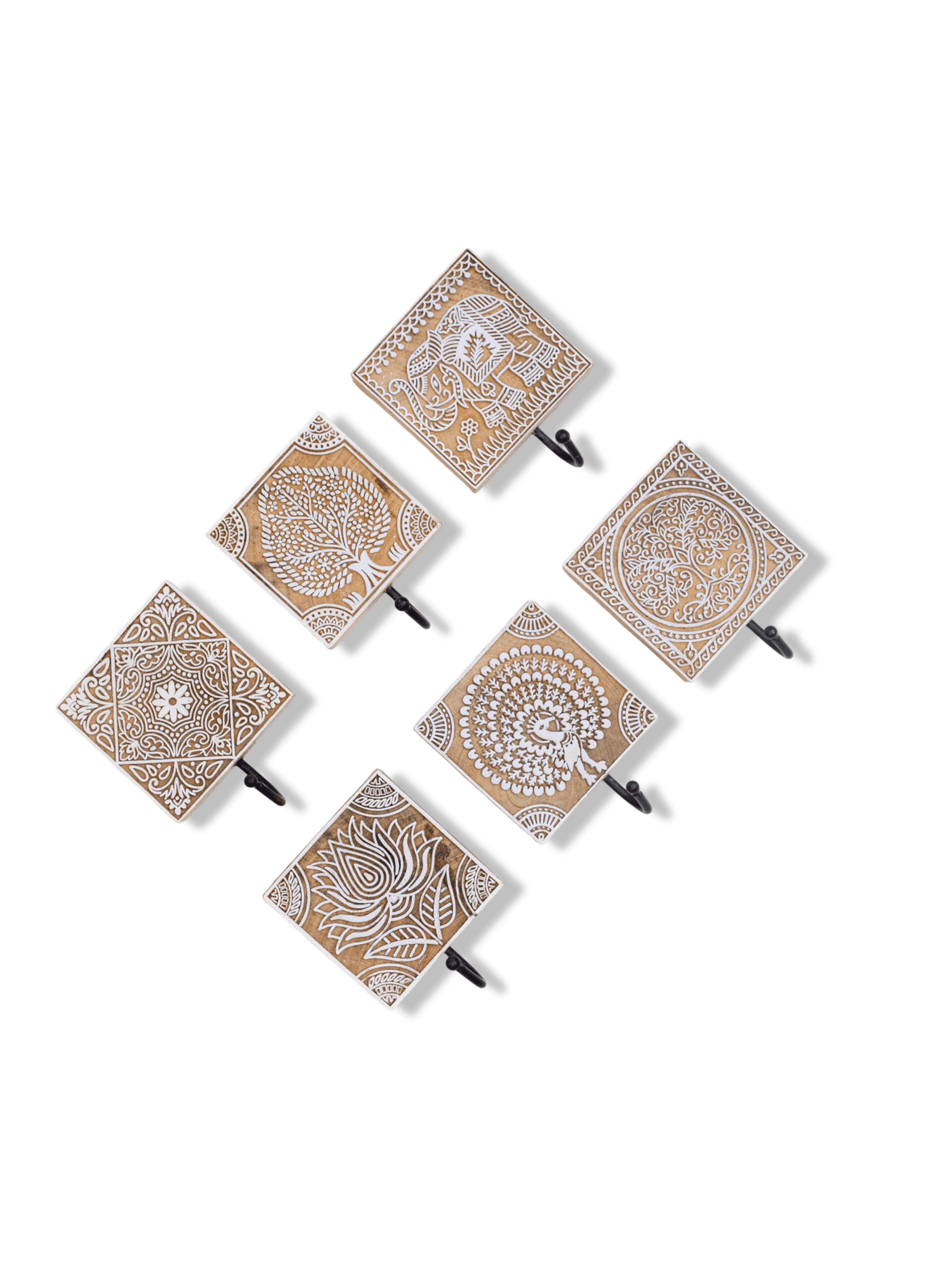 Set of six decorative wall hooks with intricate patterns on a white background
