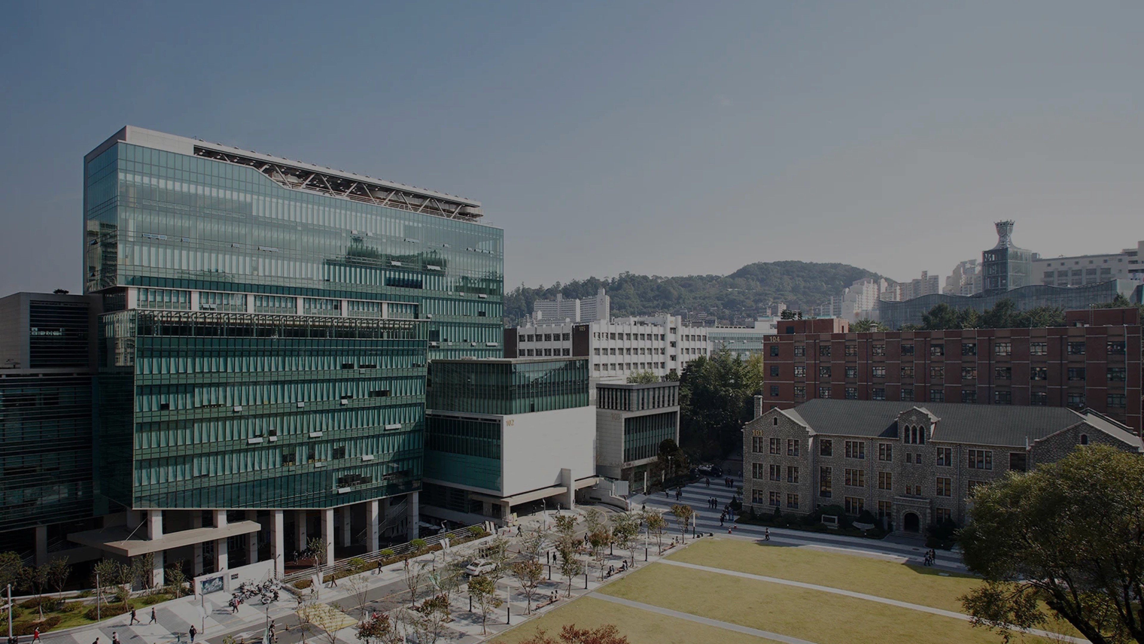 중앙대학교 서울캠퍼스 예술대학 전경, 공연영상창작학부 영화전공이 소속된 중앙대 캠퍼스 건물과 잔디밭 풍경