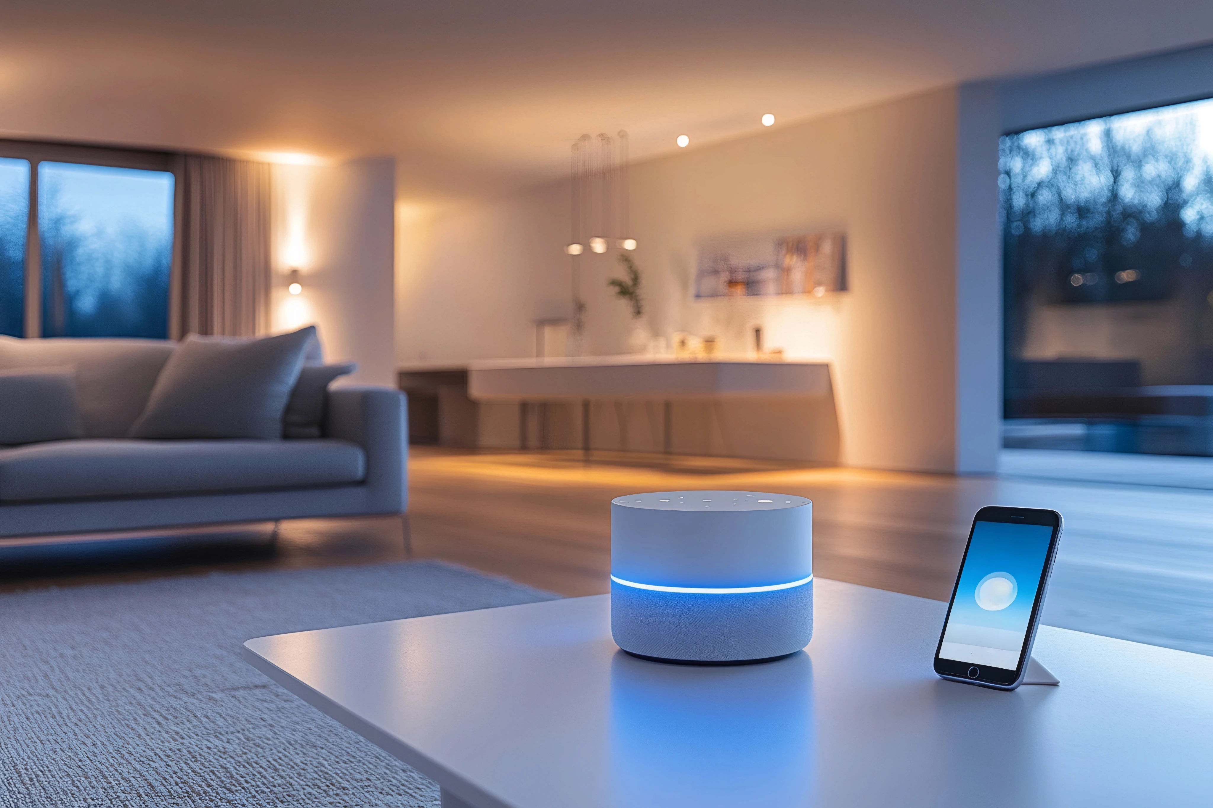 White cylindrical smart home speaker hub with a blue light ring next to a smartphone on a living room table.