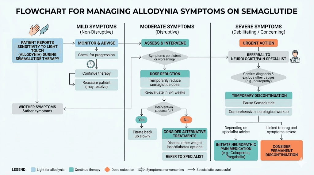 Allodynia management flowchart for semaglutide users showing mild moderate and severe pathways