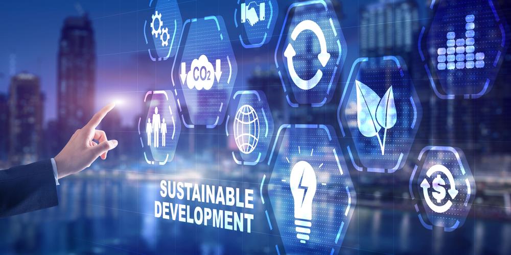 Digital interface illustrating sustainable development concepts including energy efficiency, emissions reduction, and innovation.