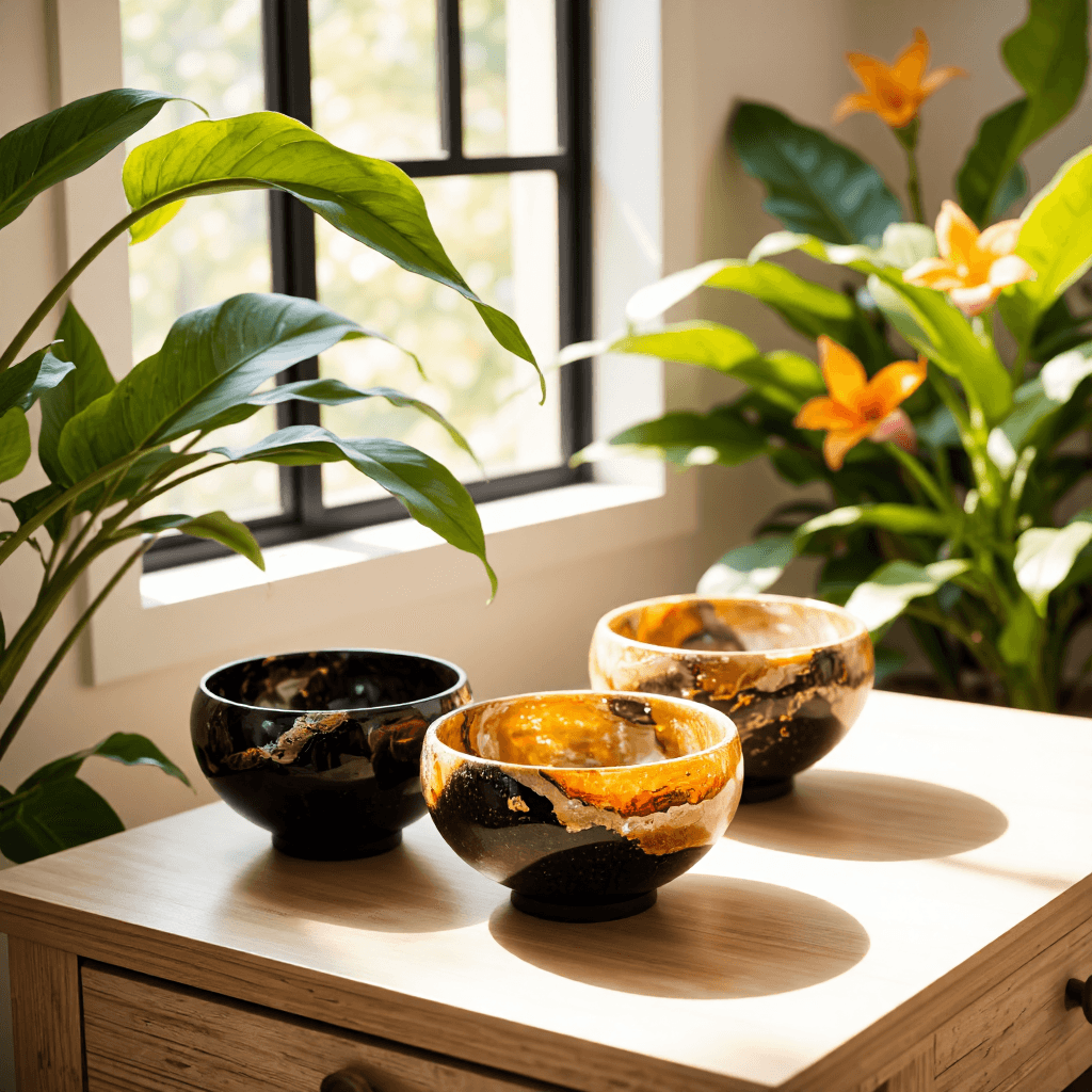 product photography of set of decorative resin bowls