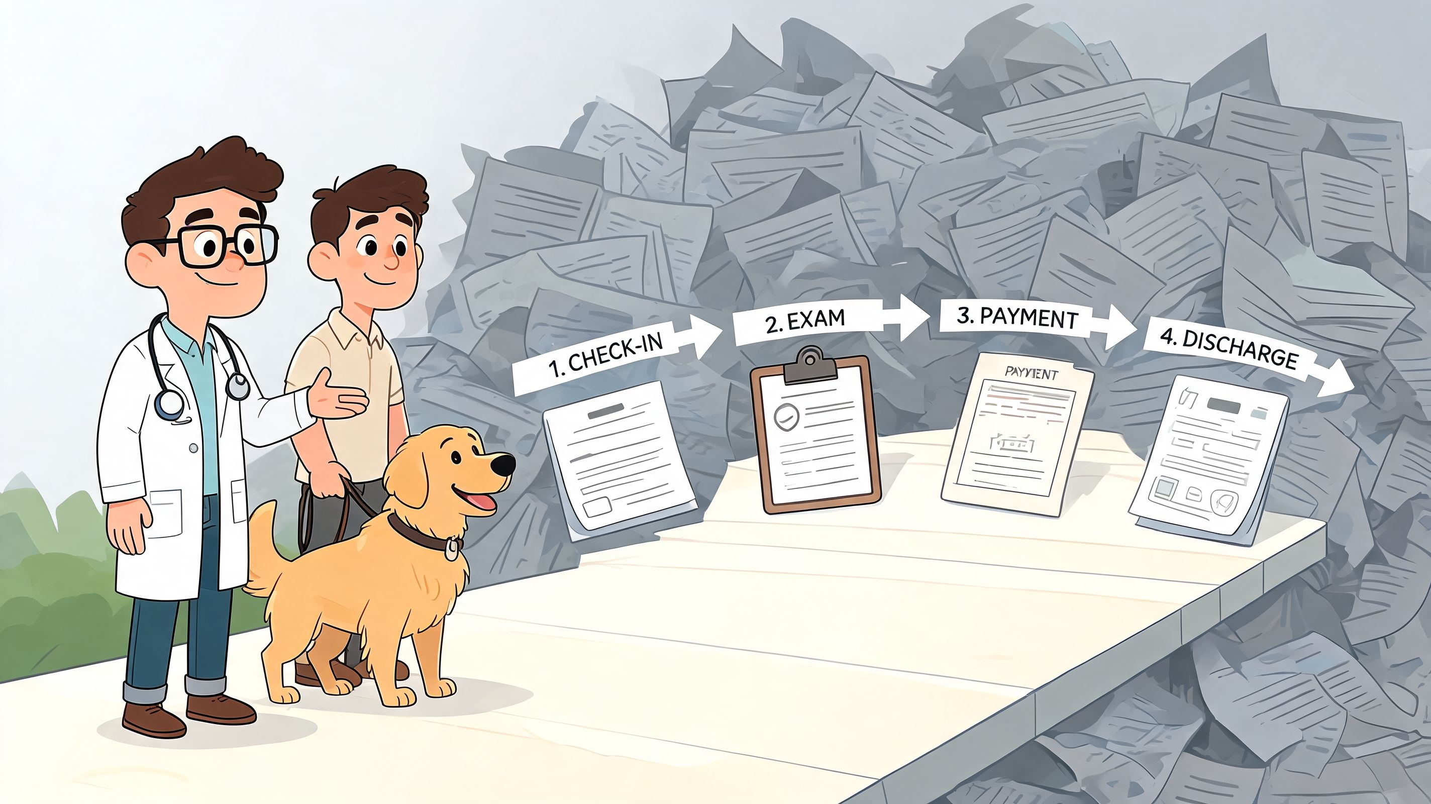 A veterinarian and a dog owner looking at a workflow process for pet medical documentation and care.