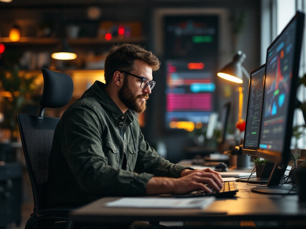 A person wearing headphones sits in front of multiple computer screens displaying data charts and graphs.