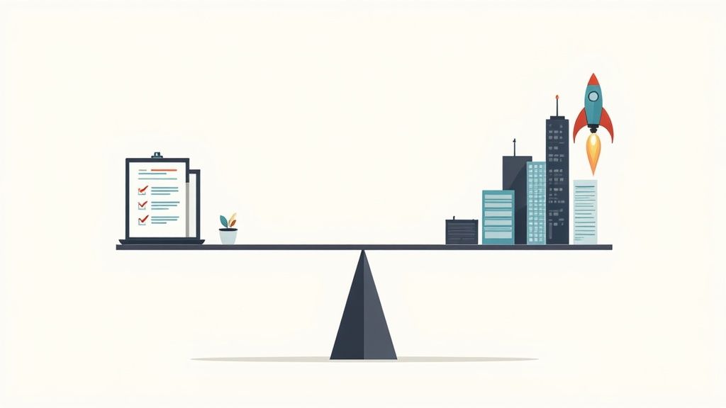 A split image showing an in-house team on one side and an agency professional on the other.
