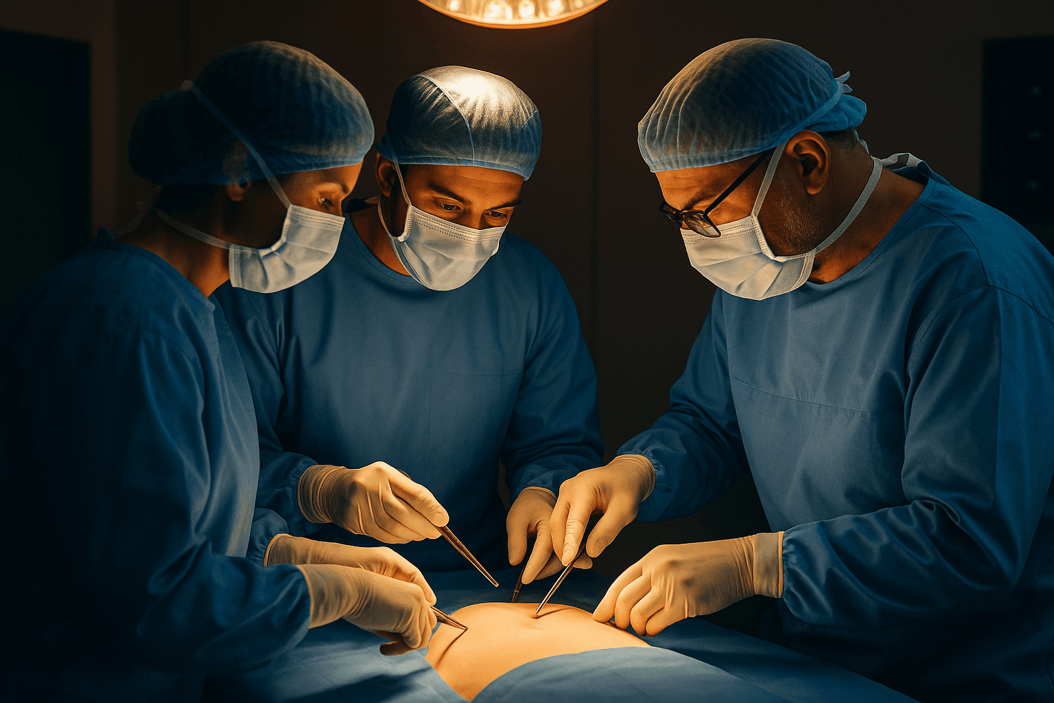 Imagem predominantemente escura onde cirurgiãos operam um paciente em luz baixa, a luz foca na cirurgia mas sem detalhes.