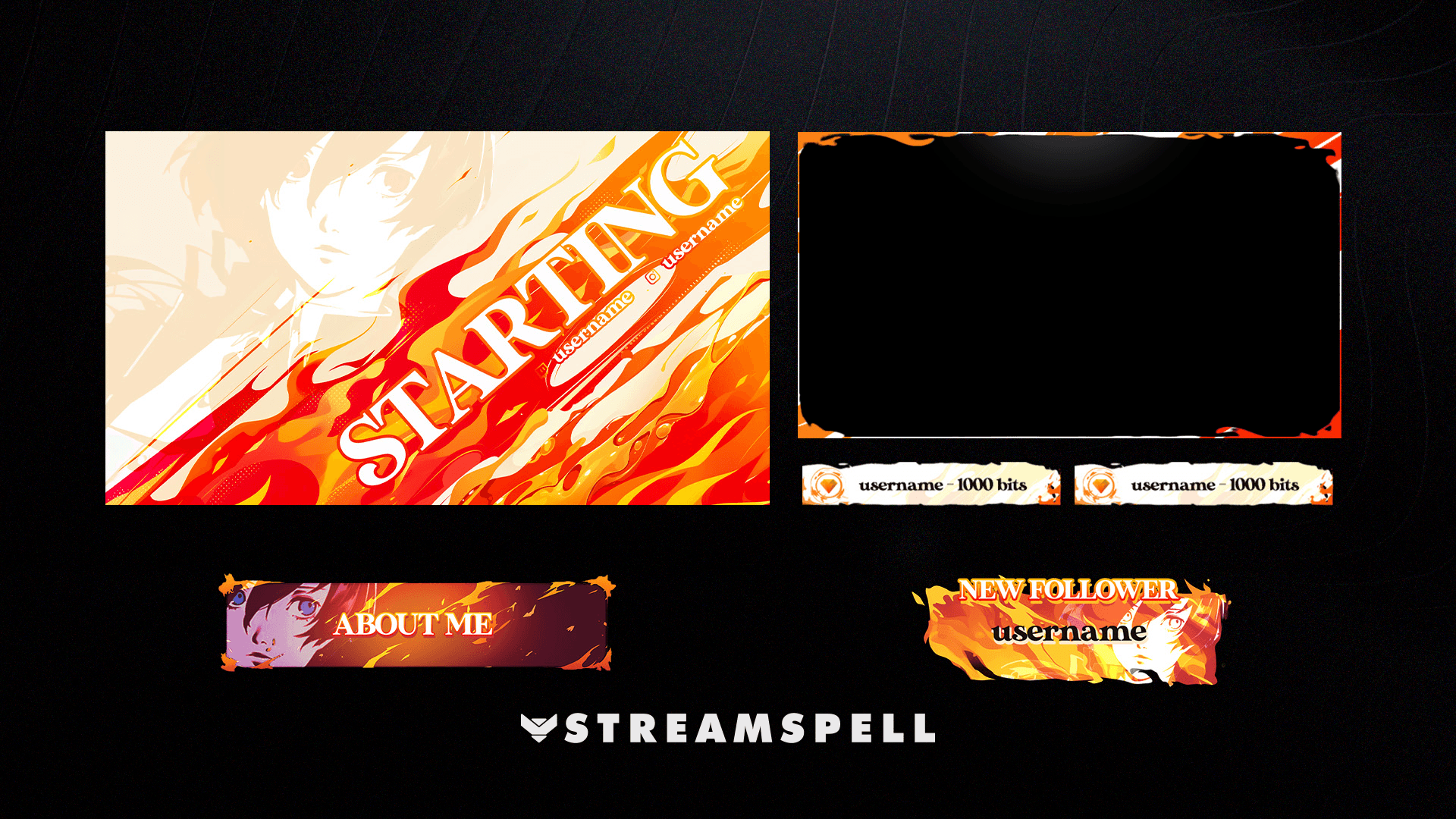 Blaze custom stream asset collection with a Starting Soon screen, webcam frame, donation labels, panel, and follower alert