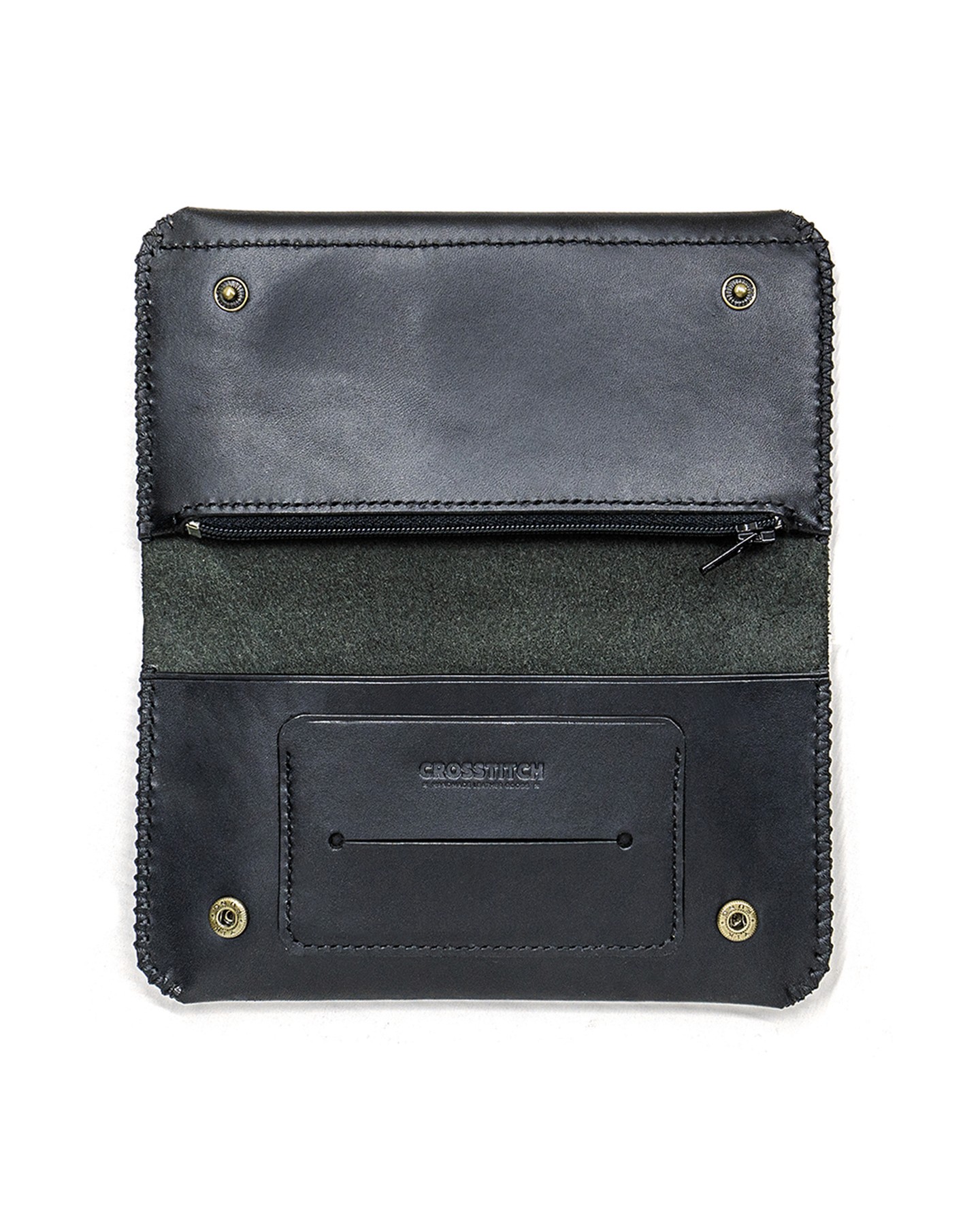 Handmade Black leather tobacco pouch open empty