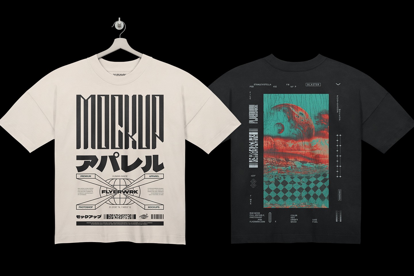 Stanley Stella Blaster T-Shirt Hanging mockup showing front and back design preview