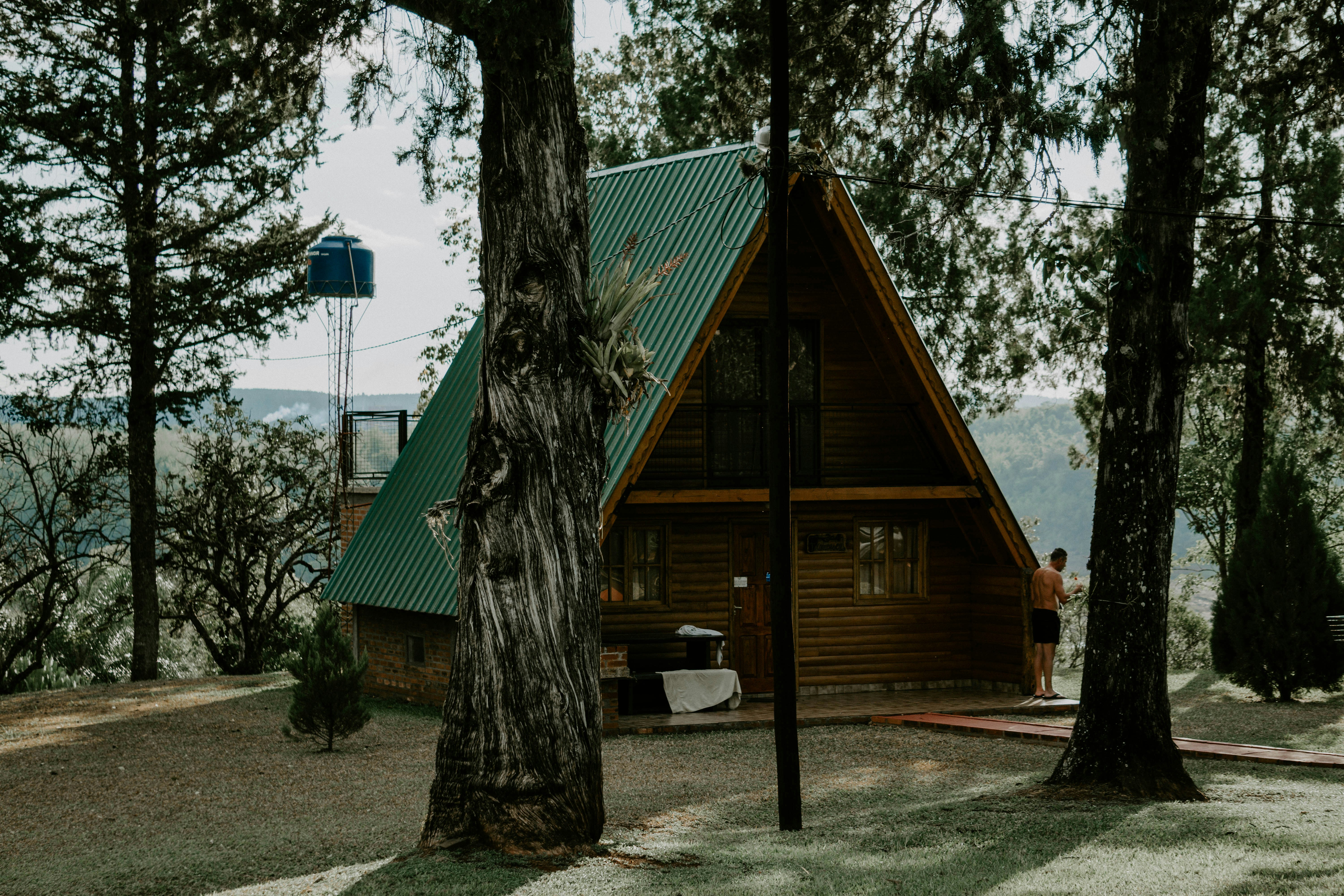 a small cabin in the woods with a green roof