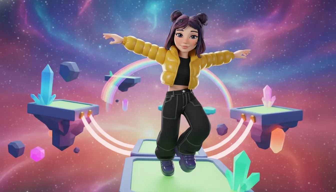 A virtual avatar character in a vibrant 3D game world
