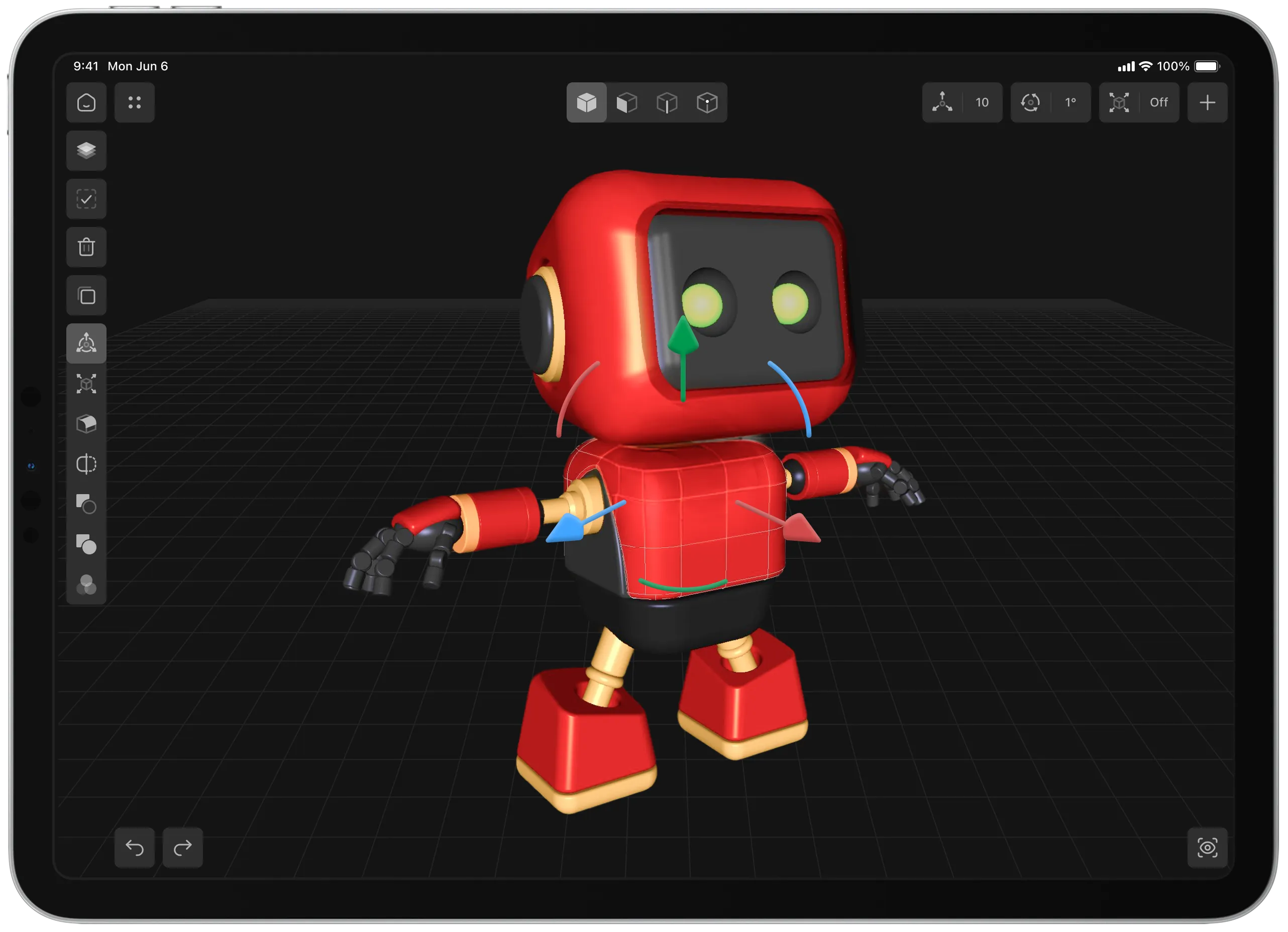 Shapeyard 3D editor interface showing a finished red robot model with applied materials inside an iPad workspace.