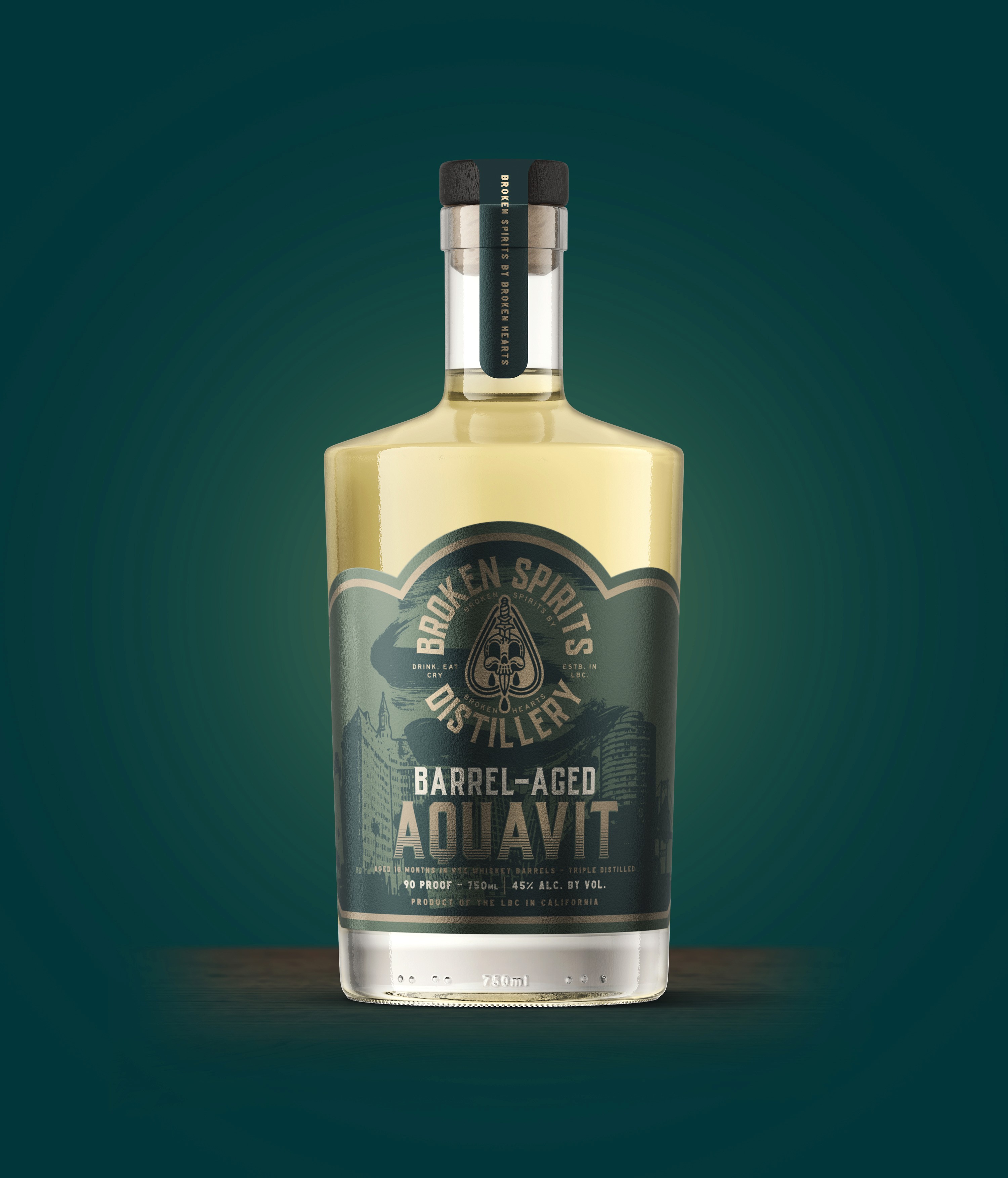 Broken Spirits barrel-aged aquavit bottle design