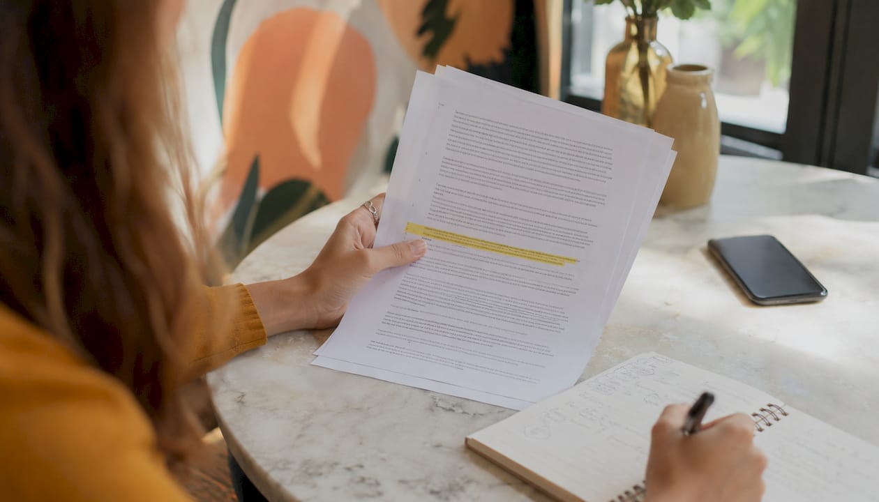 Close-up of hands reviewing photography license documents