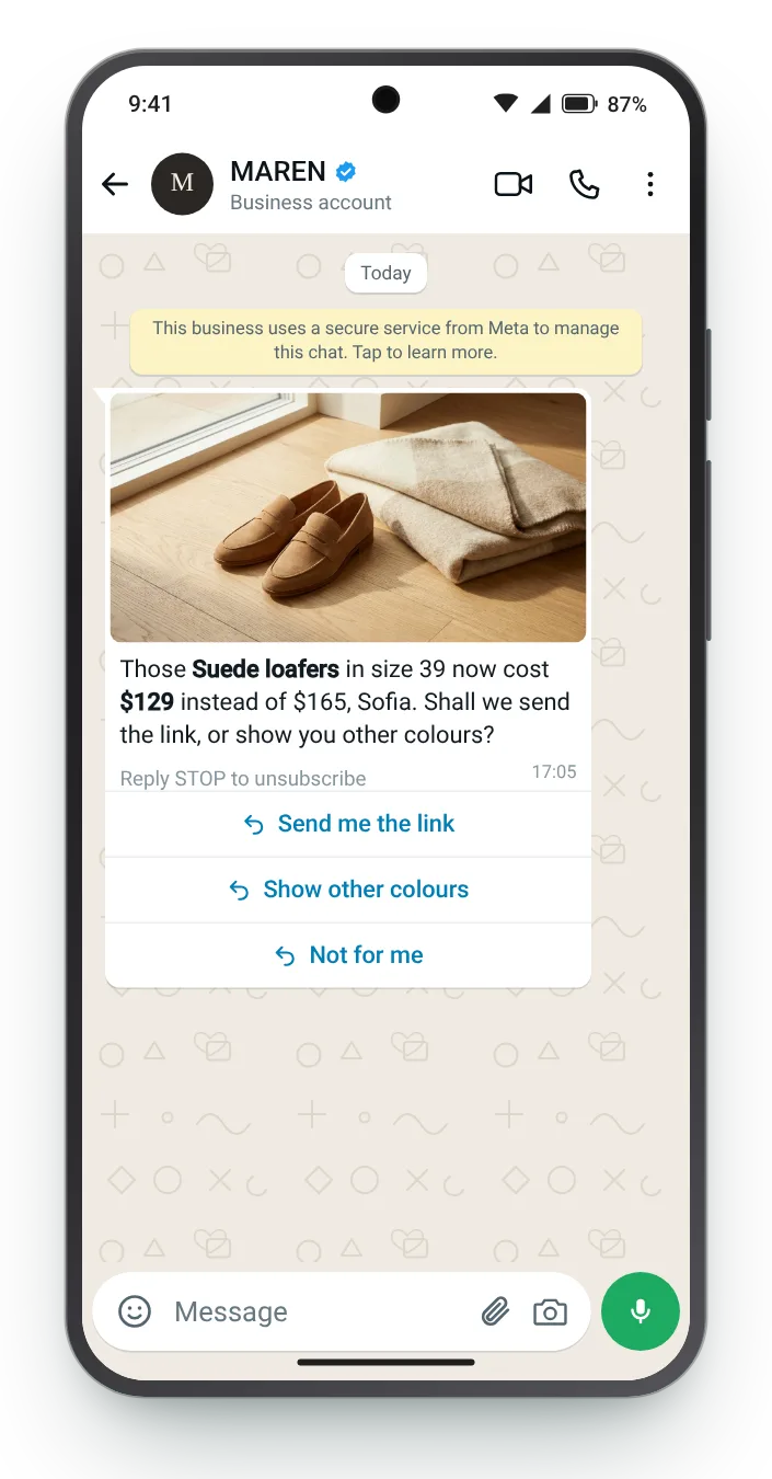Their size, for less, with a choice of replies: WhatsApp price drop message on an Android phone
