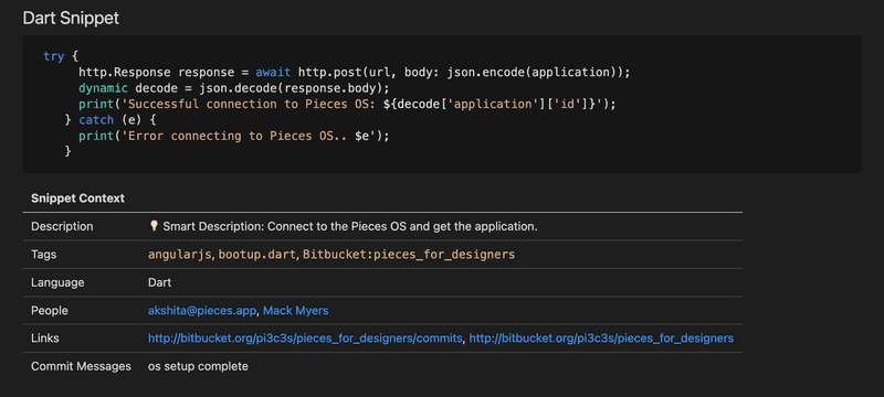 A dart snippet with Git context.