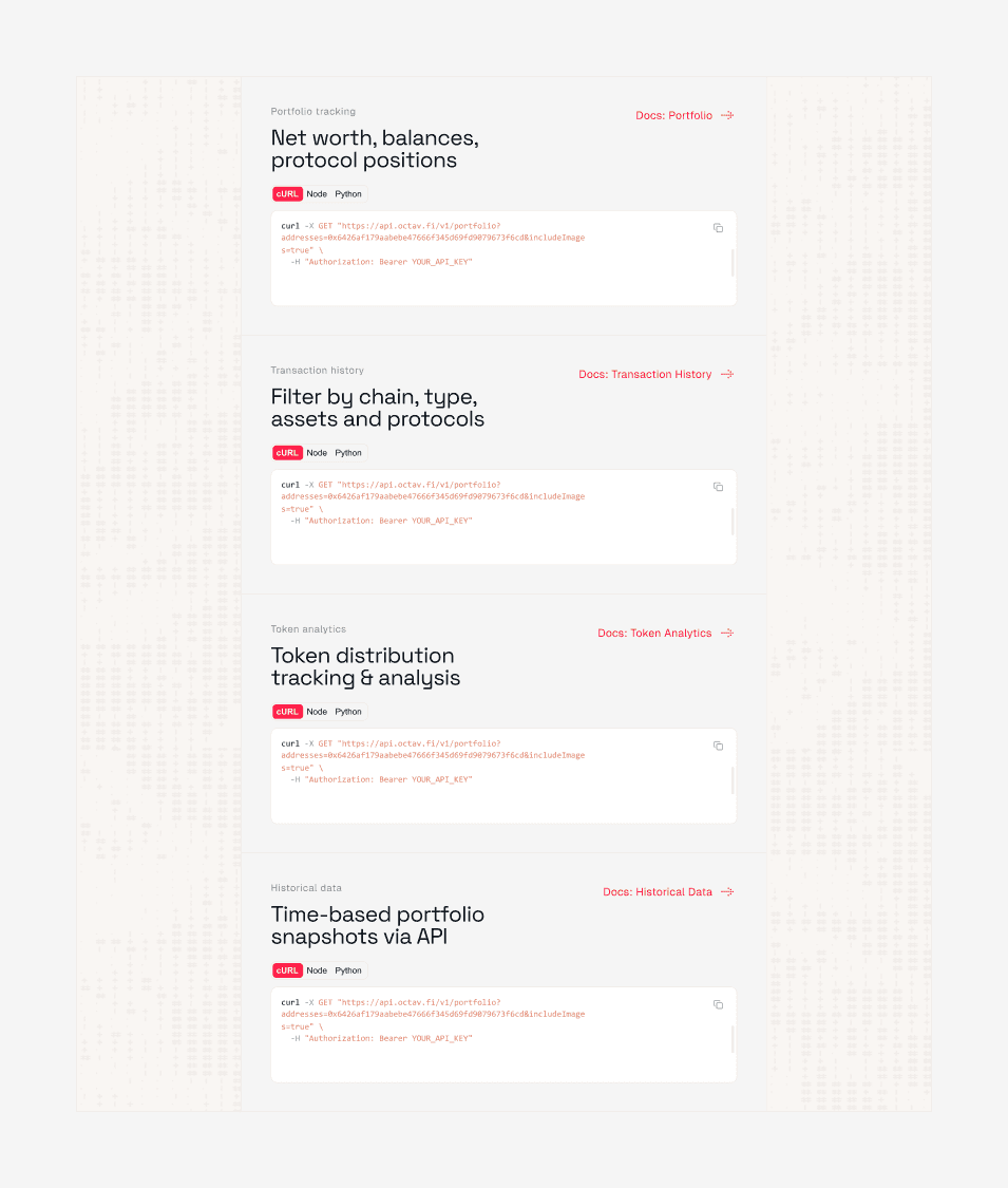 Clean and functional UI design for the Octav API documentation. Showcases code snippets and documentation for tracking net worth, protocol positions, transaction history, and historical data snapshots for developers.