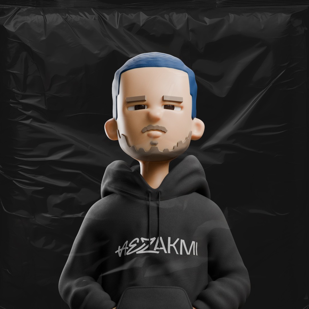 3D character portrait wearing Aezakmi hoodie with blue typography background