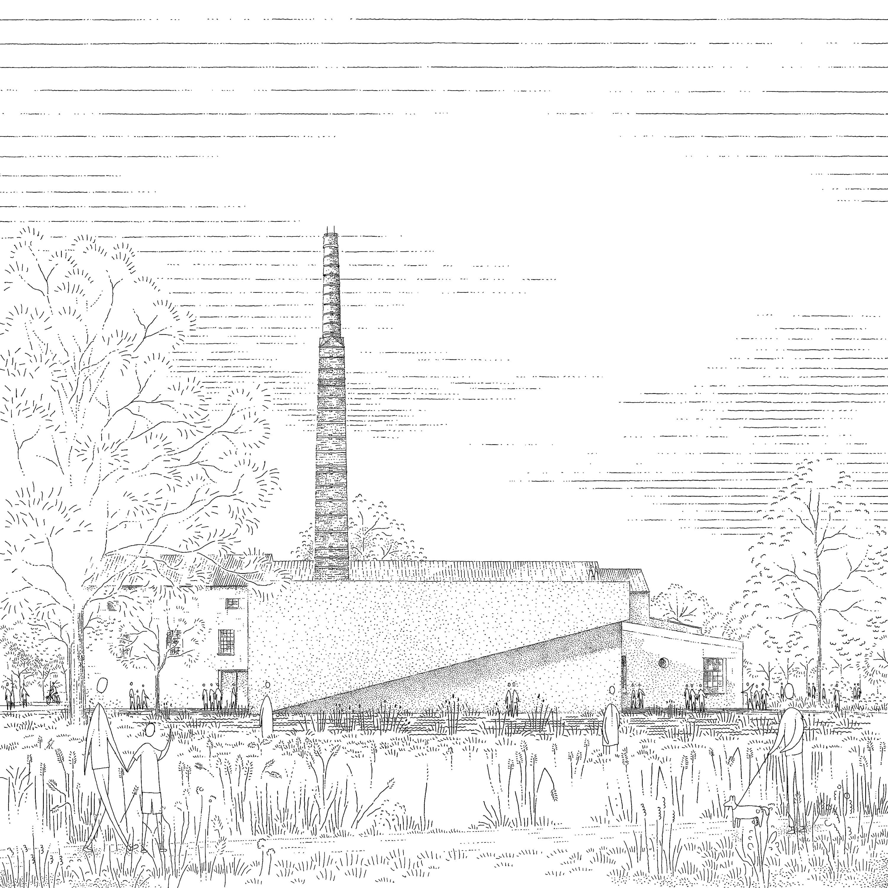 A black-and-white sketch of a mid-century modern structure with a tall spire, surrounded by trees and a cloudy sky.