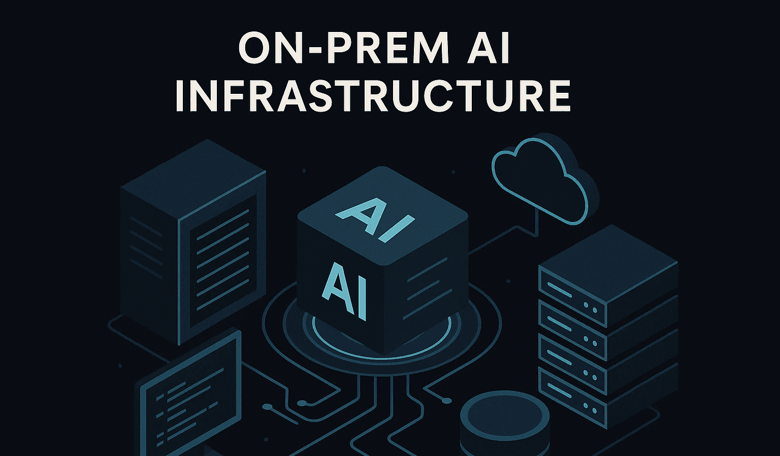 Dark-mode isometric illustration of on-prem AI infrastructure showing a central AI cube connected to servers, a code monitor, cloud icon, and storage units via glowing cyan circuit lines, symbolizing secure and high-performance enterprise AI systems.