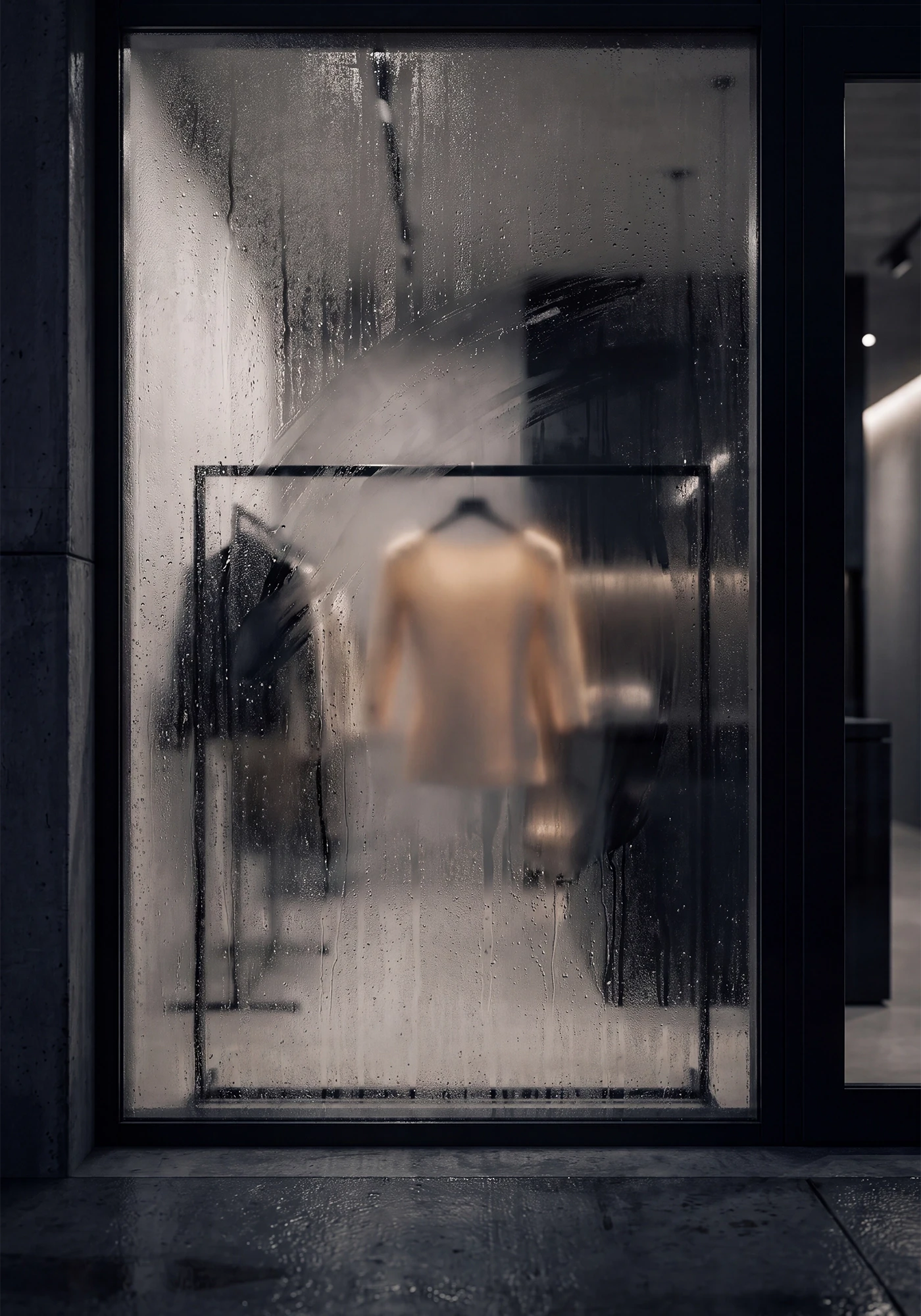 AI-assisted art direction study: a garment glimpsed through a fogged window