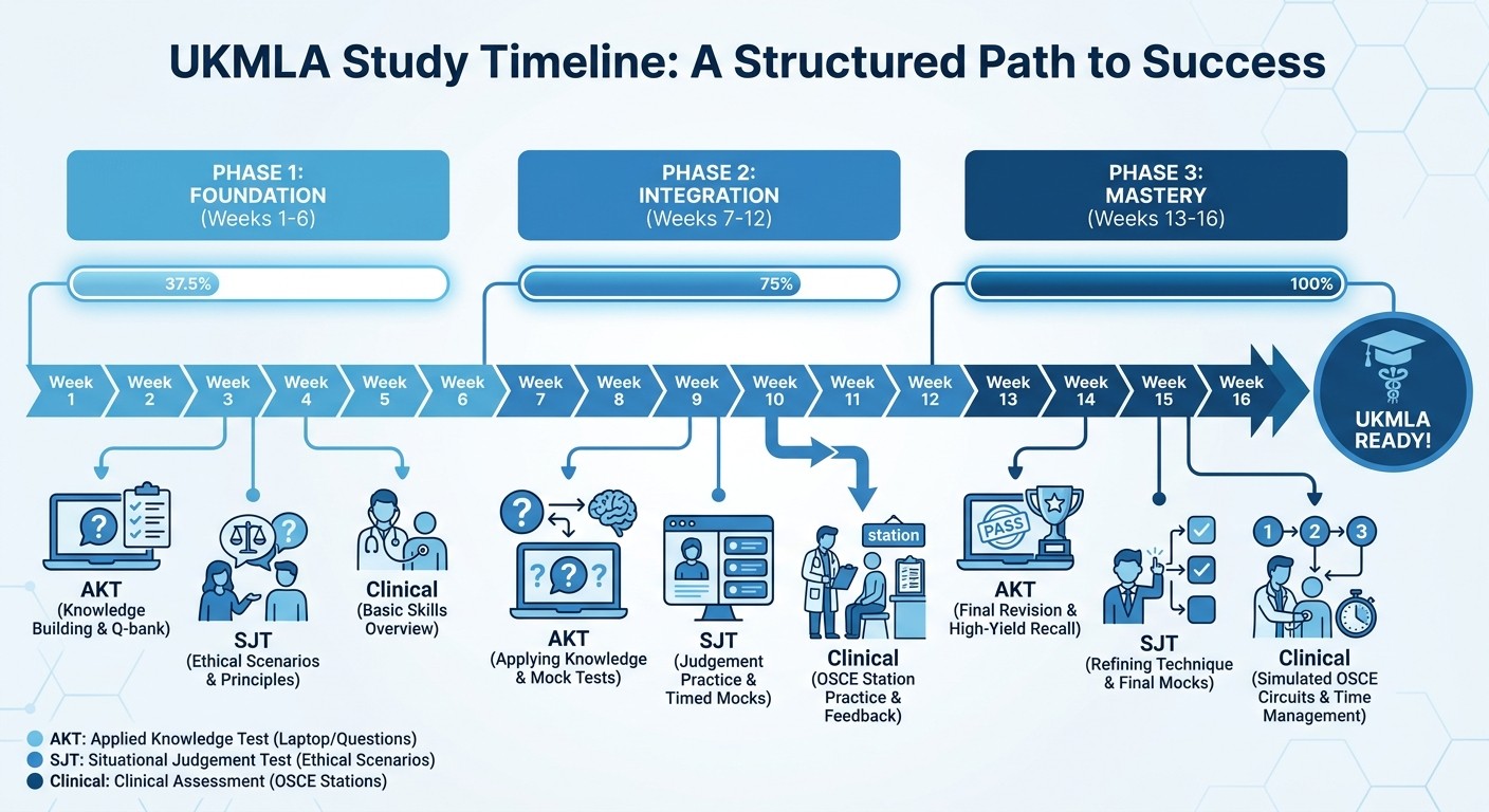 UKMLA 2026 study timeline showing 16-week preparation phases
