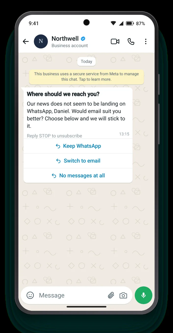 WhatsApp, email or neither: WhatsApp re-engagement message on an Android phone