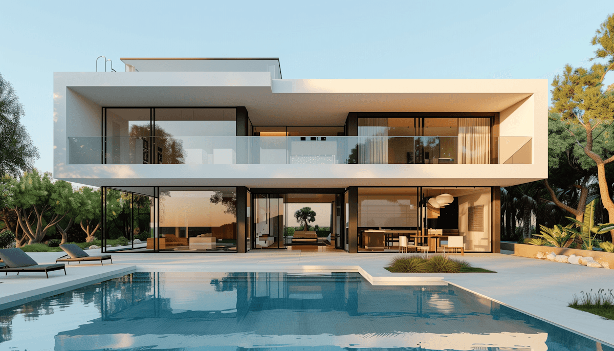 Modern luxury two-story white villa with expansive glass walls, cantilevered upper level, palm trees, lounge chairs, and rectangular infinity pool on tiled patio surrounded by lush greenery.
