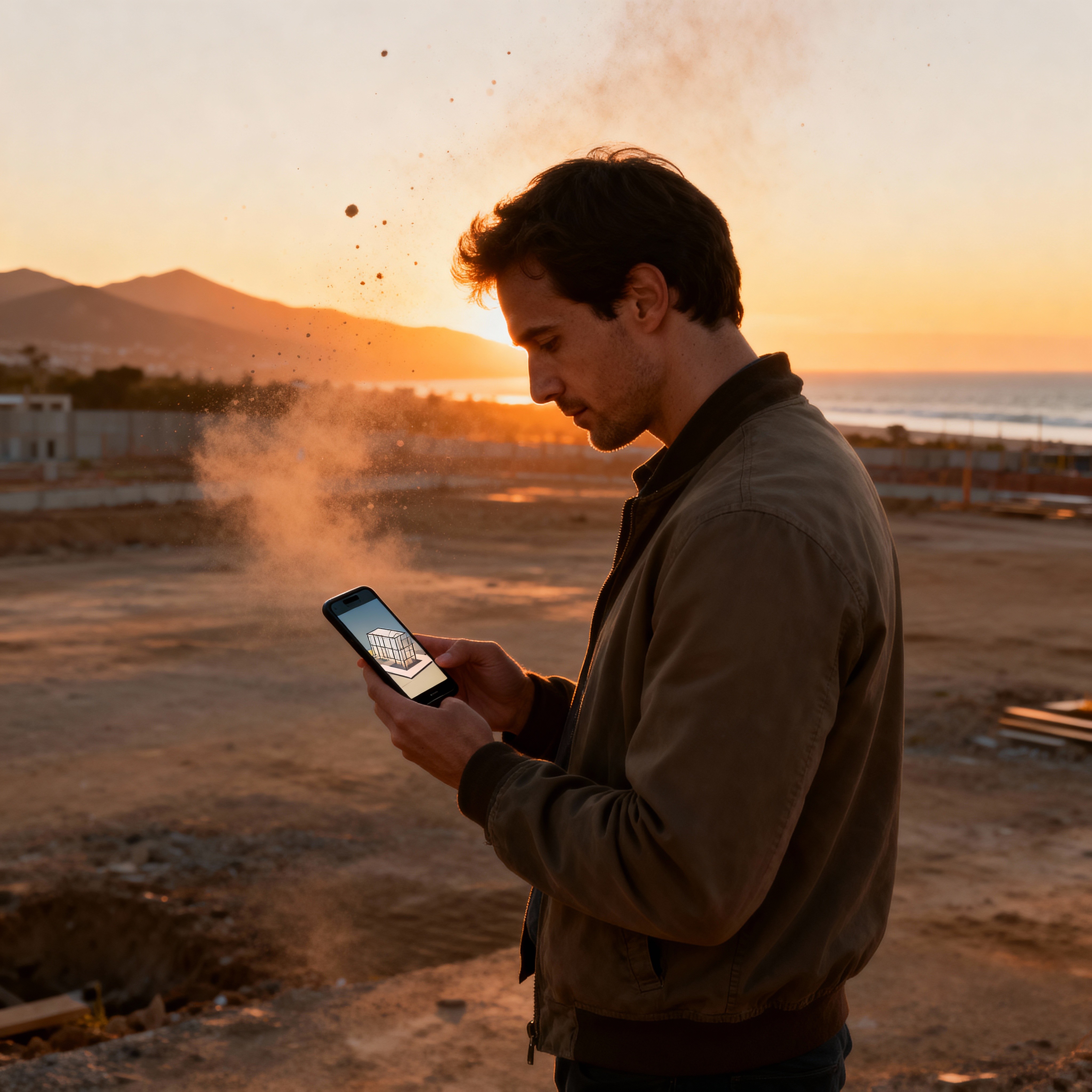 Designer standing on a coastal site at sunset, reviewing plans and notes on a smartphone.