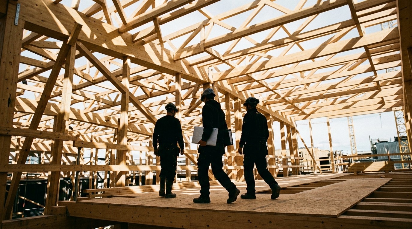 A construction team walking through a timber frame