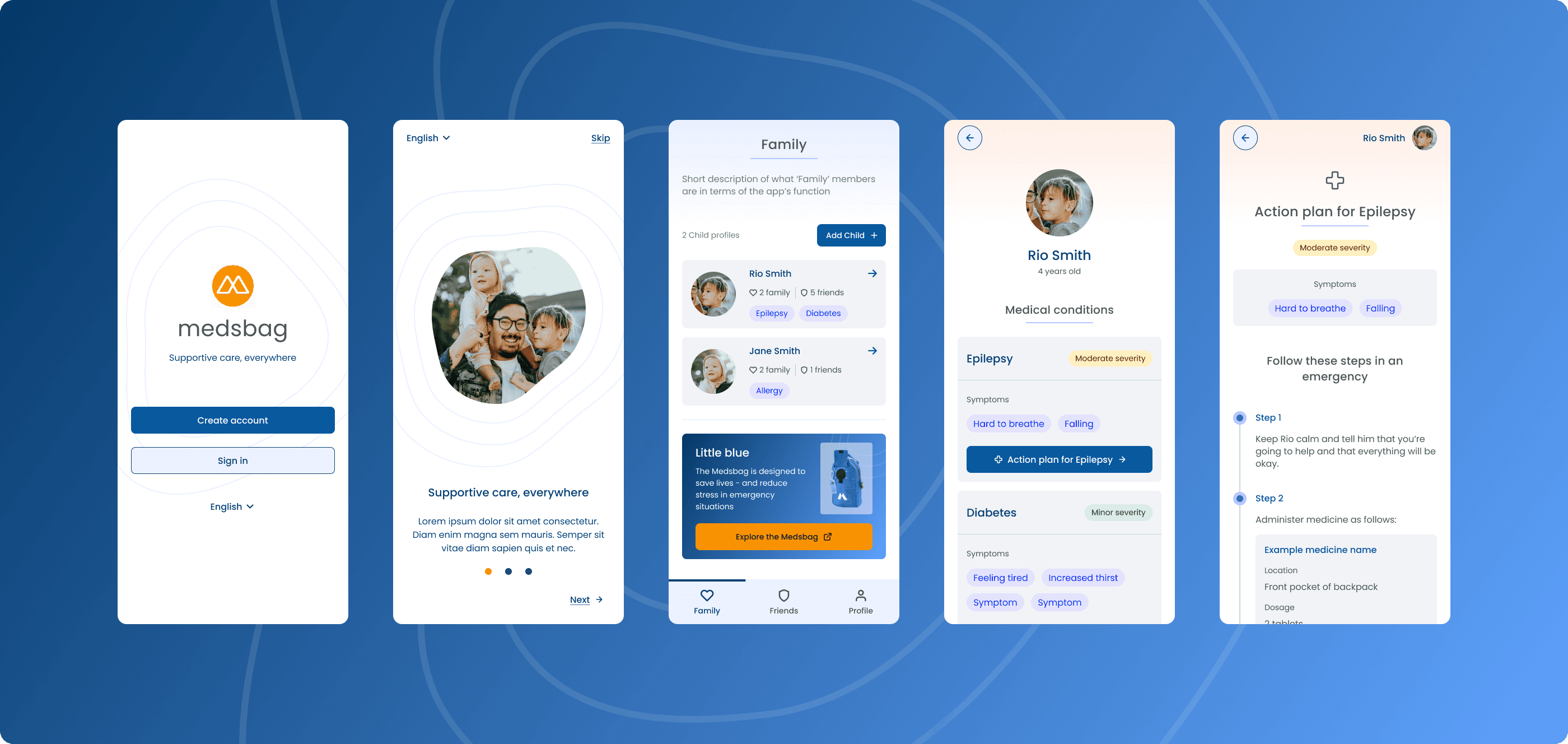 A series of five mobile screens showing concept designs and features for the Medsbag app. From left to right: Screen 1 - Shows the initial screen with Medsbag logo, tag line “Supportive care everywhere” and button options to Create account, Sign in and change the language setting. Screen 2 - Shows an onboarding screen carousel where an image of a smiling family is displayed within a topographical pattern, below this are some details about the app, a carousel three dot indication and a next button. Screen 3 - The main app is open and the ‘Family’ page is displayed. There are a list of the children in the family including their medical conditions which are highlighted in a chip style. There is a button above the list to add another child. Below the list of children is a panel with details and an image about the backpack that Medsbag offer including a button to take the user outside the app to learn more. Screen 4 - Displays a child's details page including their name, age a profile photo and a list of their conditions, symptoms of each and a button to view the action plan for the condition. Screen 5 - Displays the action plan for a medical condition including a clear tailored step by step guide on how to provide assistance in an emergency situation.