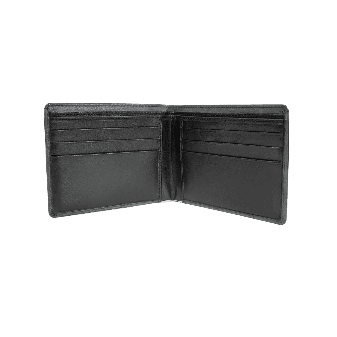 Black leather wallet open on a white background