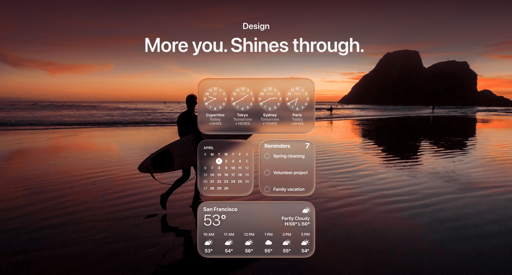 Apple’s Liquid Glass UI overlaid on a sunset beach background, featuring translucent widgets for world clocks, calendar, reminders, and weather, demonstrating layered depth and soft lighting effects.