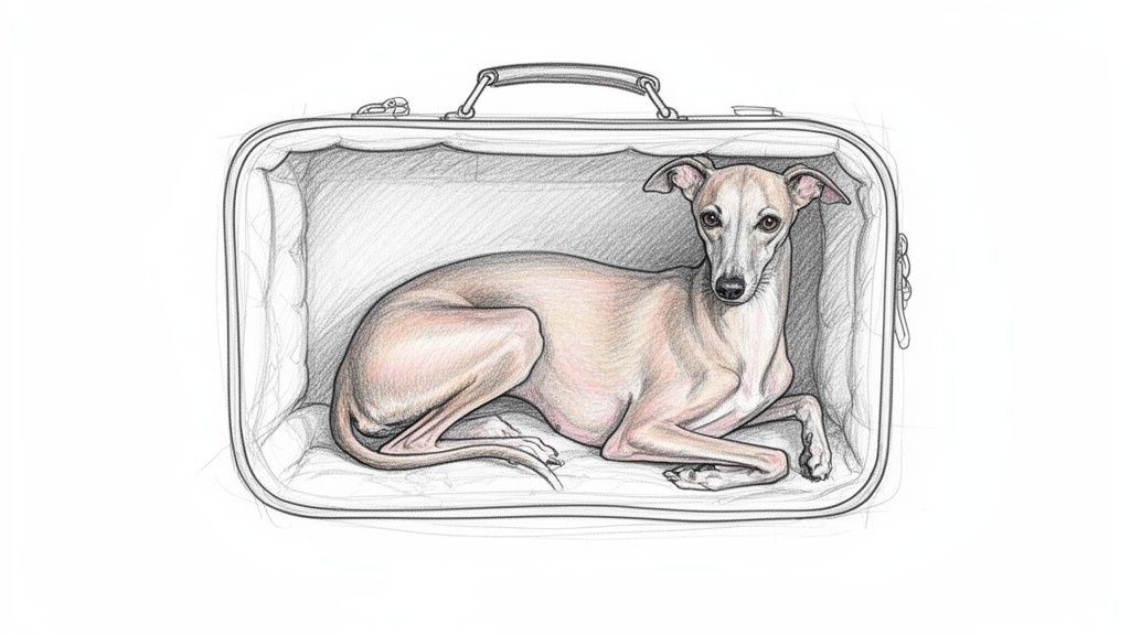 A pencil sketch of a slender Italian Greyhound dog resting comfortably inside a travel carrier bag.