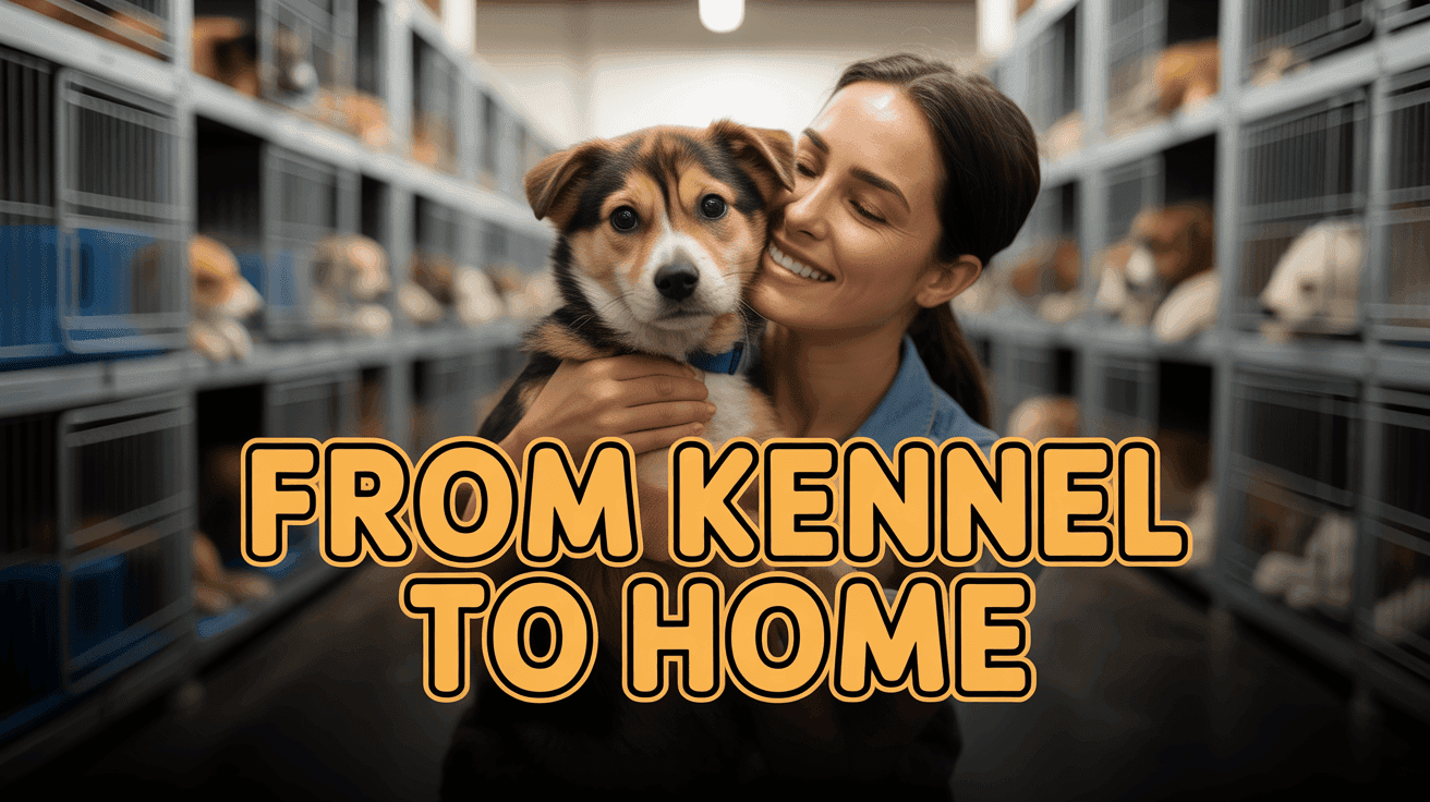 Rescuer hugs adopted dog with FROM KENNEL TO HOME yellow headline