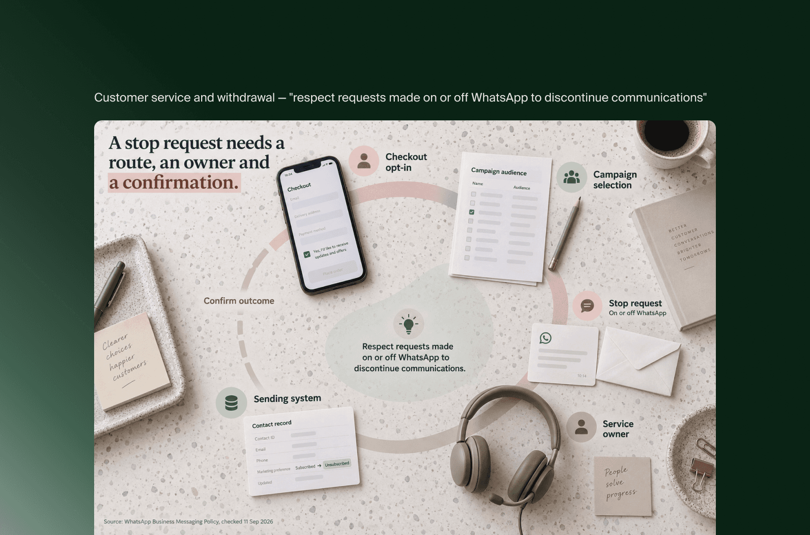 Kreislauf für WhatsApp-Abmeldungen: Opt-in im Checkout, Kampagnenauswahl, Serviceverantwortung, Versandsystem und Bestätigung