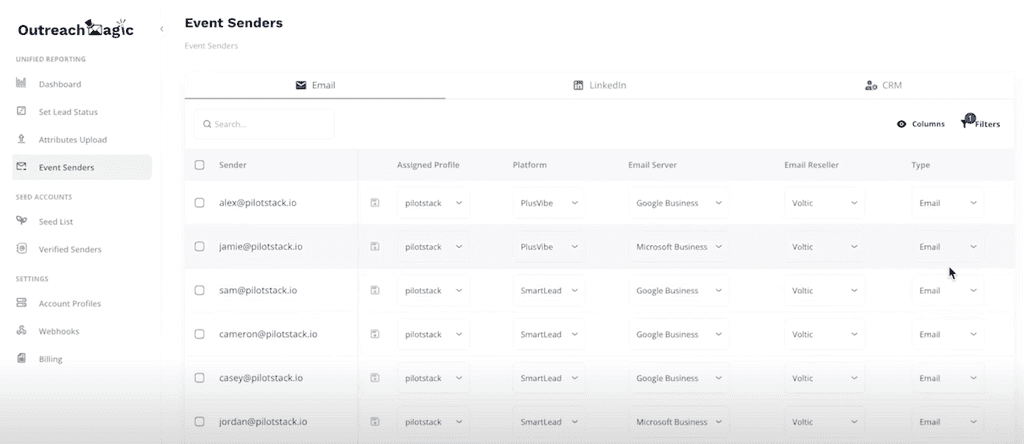 Assigning an email sender to a client profile and platform in the Outreach Magic 'Event Senders' dashboard for accurate analytics.