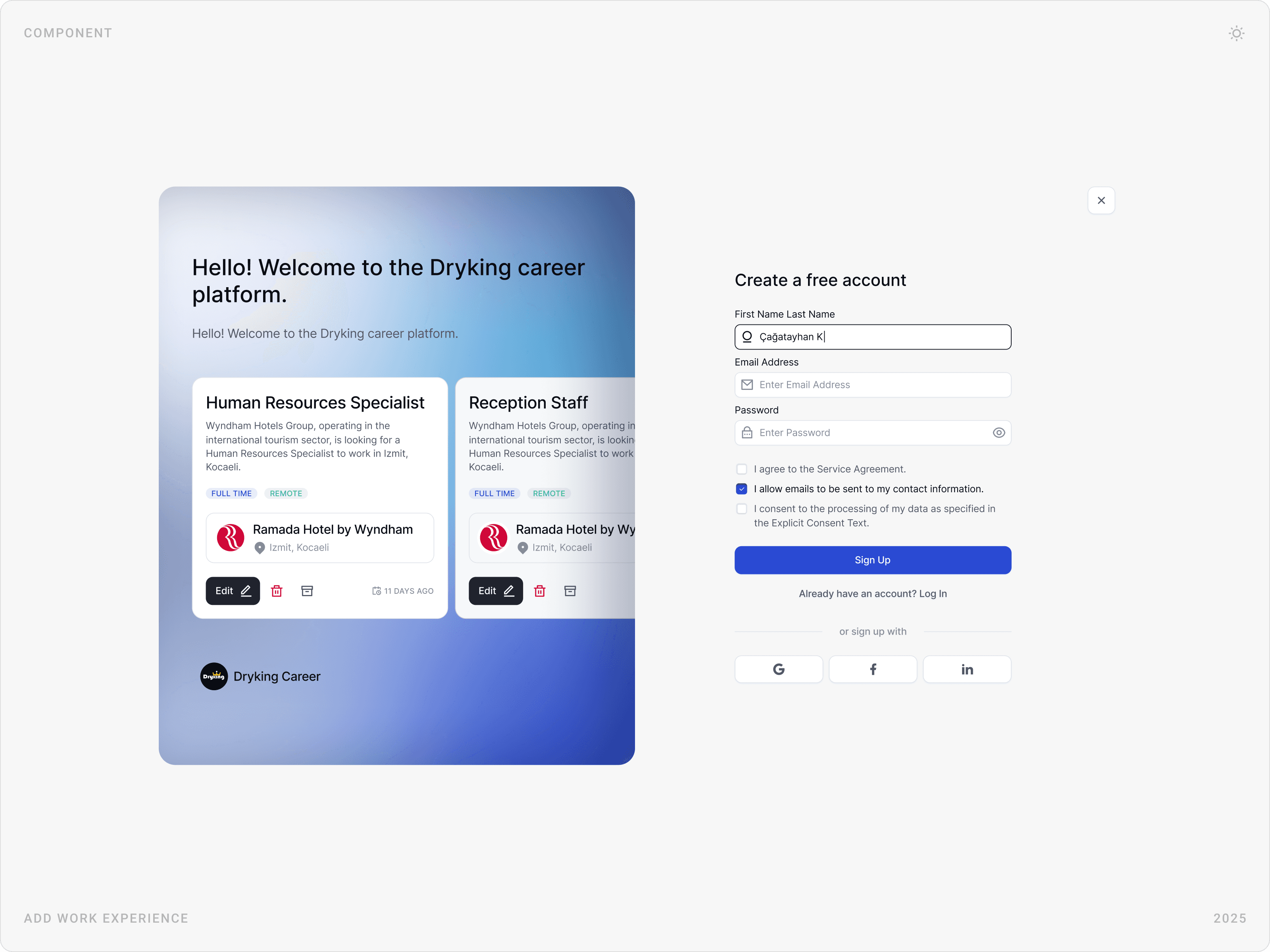 Modern Job Platform Sign Up Component Design