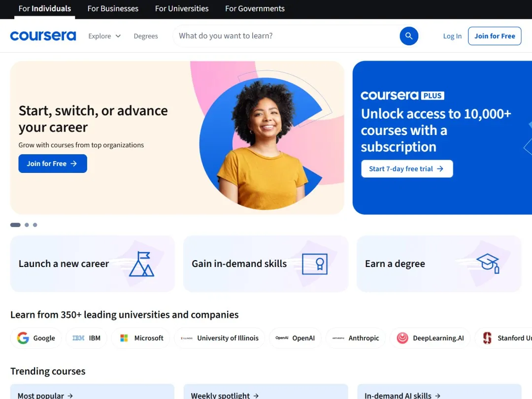 Coursera website hero section with a navbar at the top. carousel cards below and cta cards below the carousel