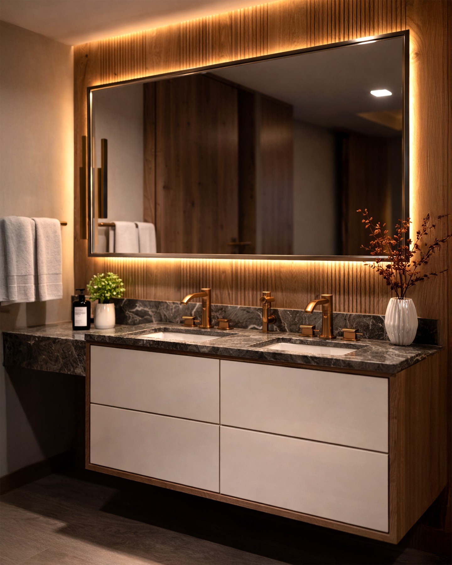 Modern luxury bathroom with a double vanity, backlit mirror, stone countertop, and warm wood detailing.