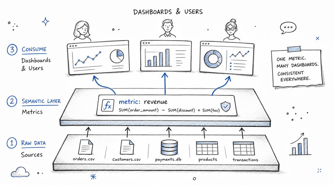 A diagram illustrating a data architecture with raw sources, a semantic layer for metrics, and user dashboards.