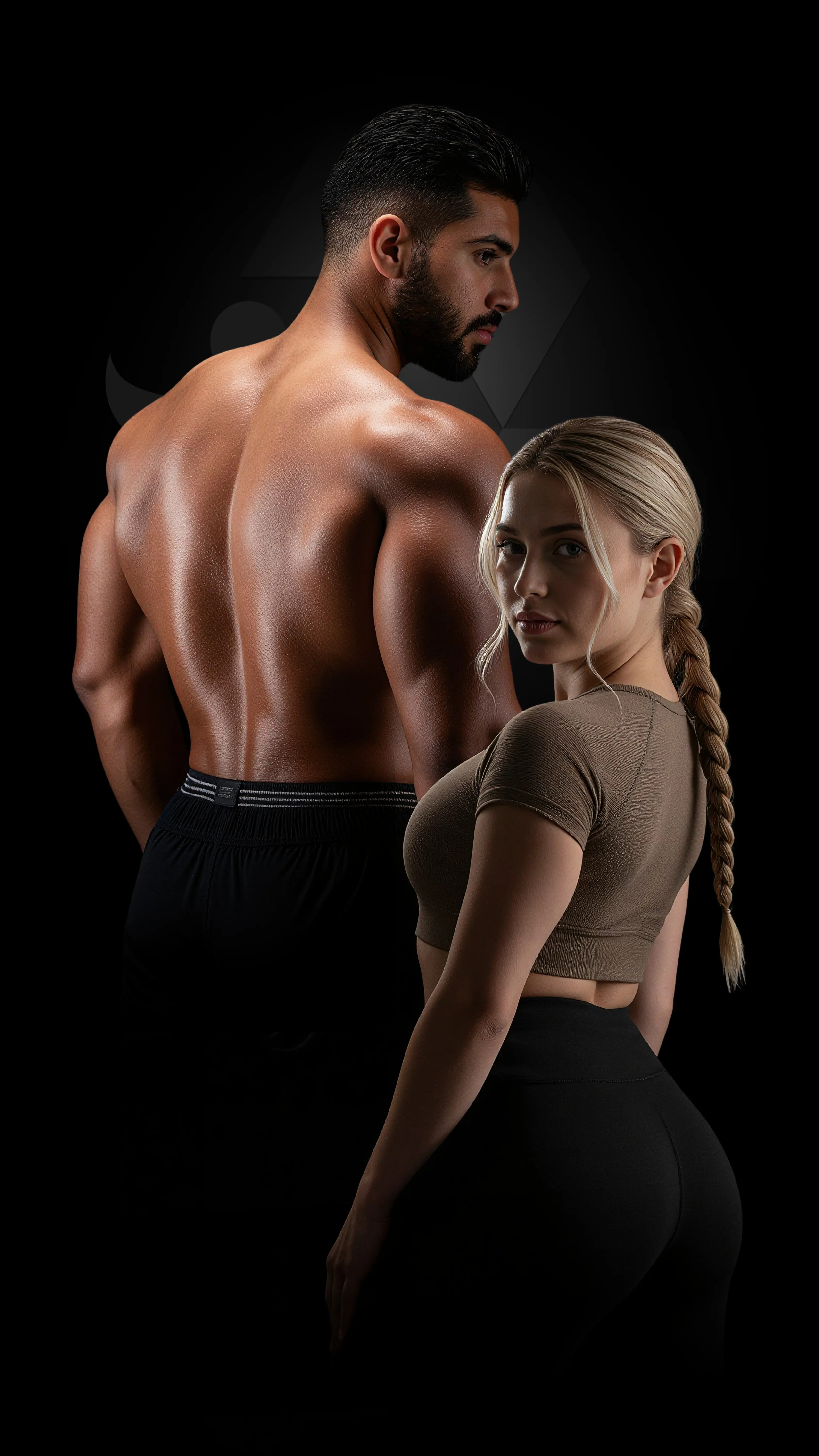 A muscular man and woman in athletic wear, the man's back turned, the woman looking back with a braid.