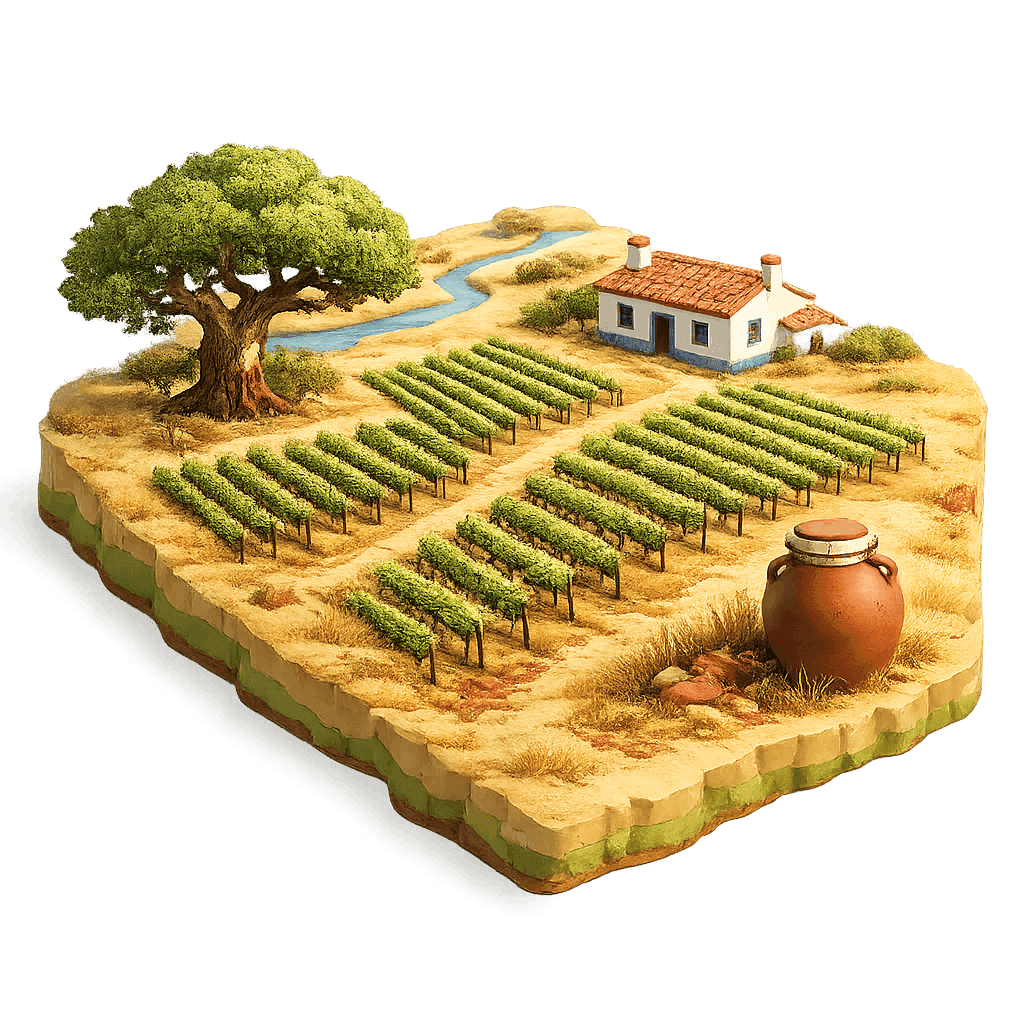 Artistic illustration of the Alentejo wine region.