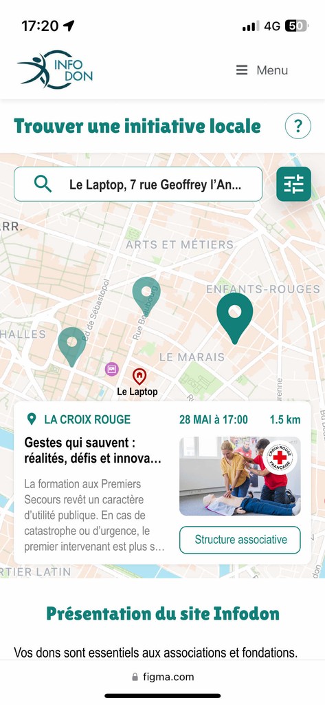 Capture d'écran du projet Infodon, un service de localisation aidant à découvrir de nouvelles initiatives et associations.