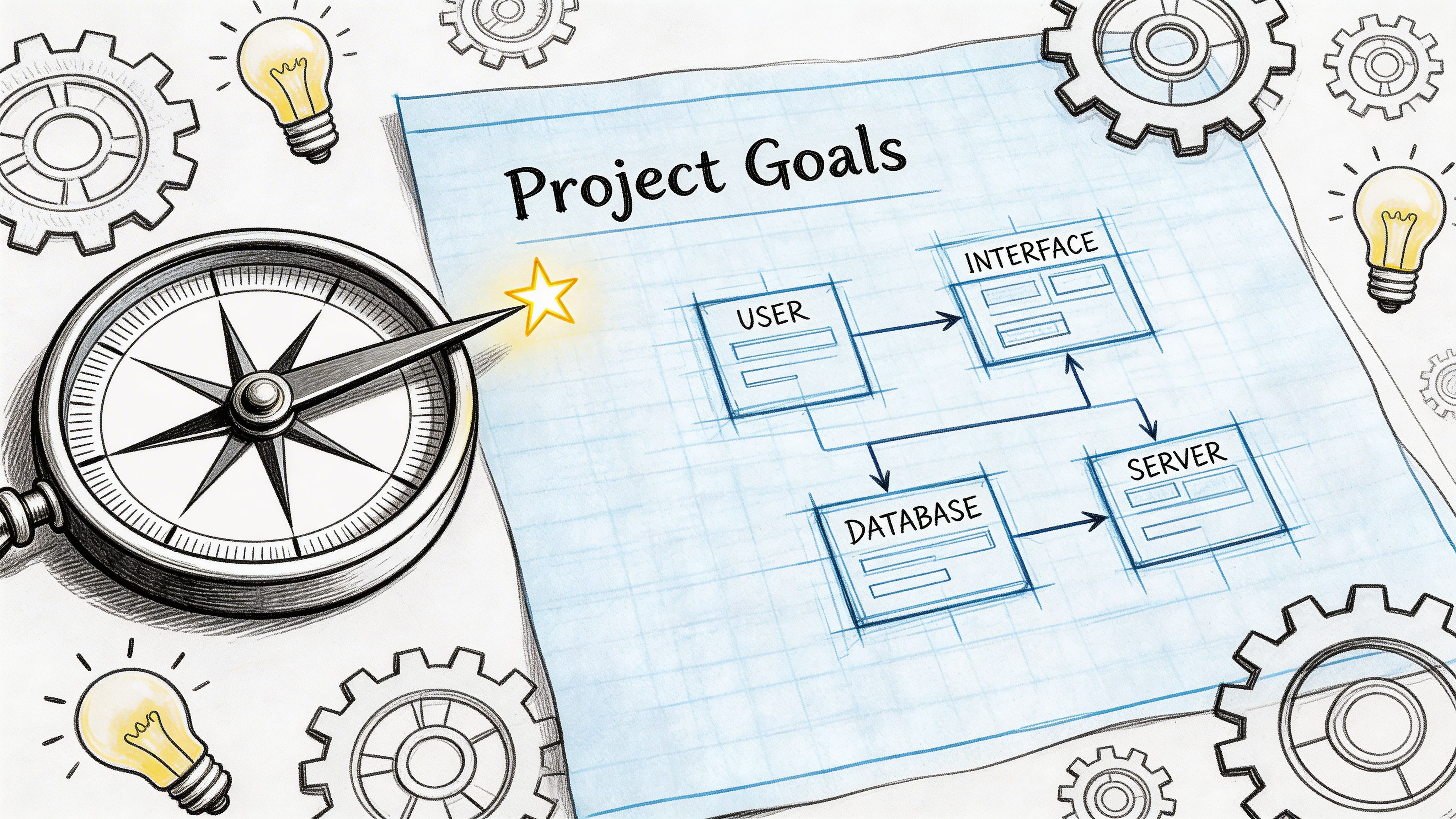 A conceptual blueprint of project goals featuring a compass, lightbulbs, gears, and a user-interface-database architecture diagram.