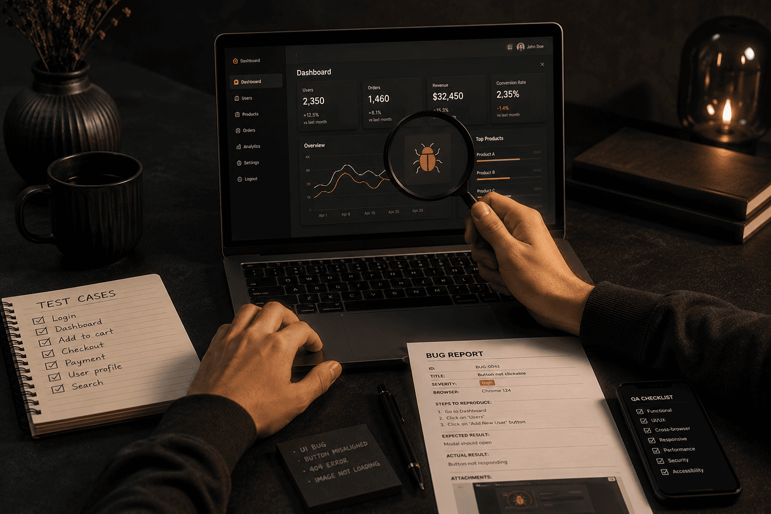 A person examines a laptop screen displaying a dashboard with analytics charts and metrics, utilizing a magnifying glass on a bug icon, surrounded by documents labeled "TEST CASES" and "BUG REPORT," representing a scene of Manual QA testing by Optima Quality Solutions.