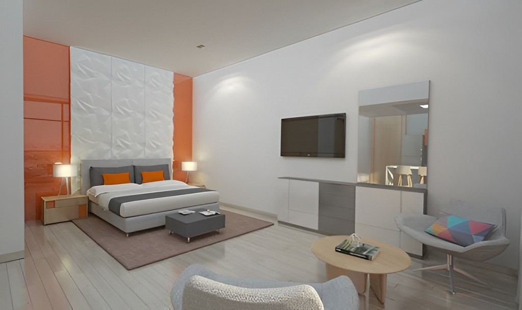 Elegant bedroom with white walls and orange decor, located in the Binghatti Horizons complex.