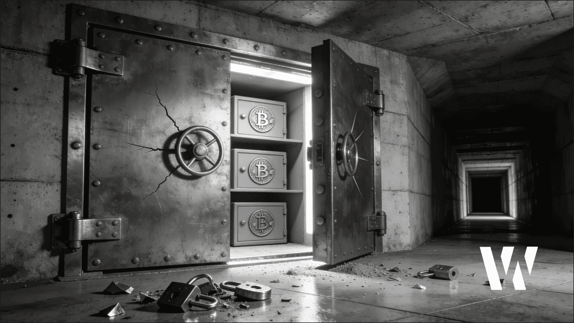 Open steel vault door with three empty safe deposit boxes and scattered lock debris on the floor.